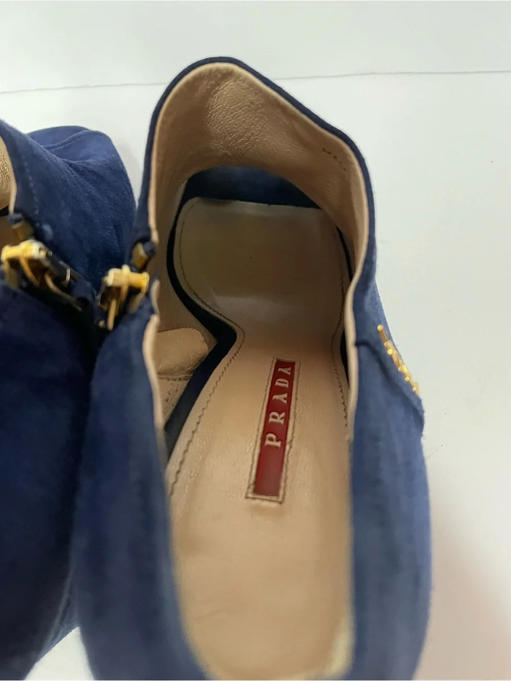 Prada Suede Peep-Toe Wedge Booties pumps blue 38
